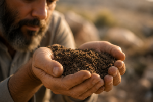 A man holding dirt, symbolizing true humility