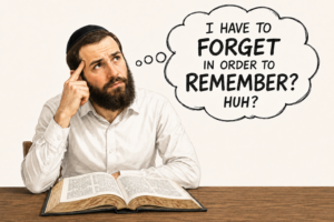 A Jewish man reading Likutei Halachot saying to himself, "I have to forget in order to remember? Huh?"