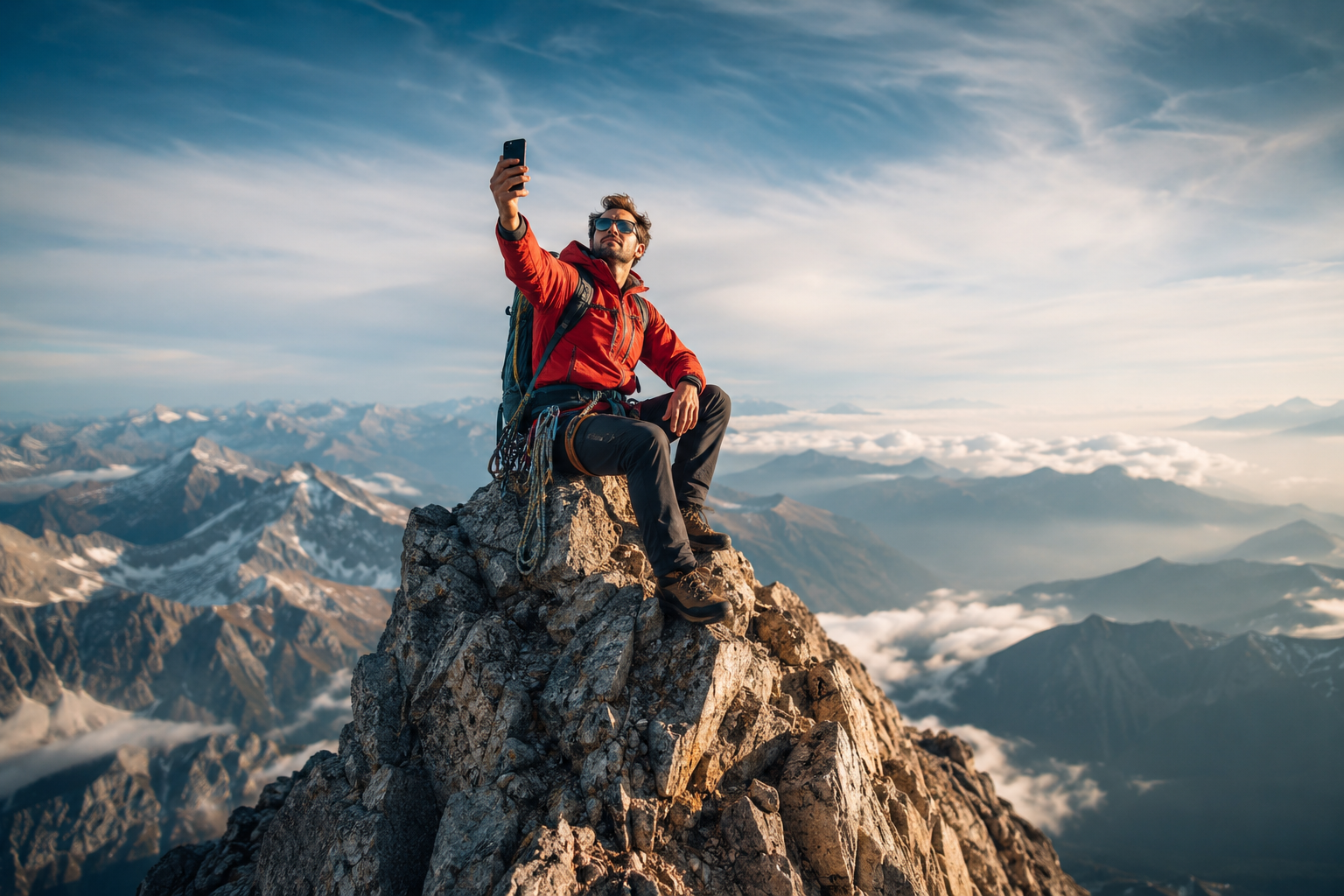 A mountain climber taking a selfie of myself at the summit.