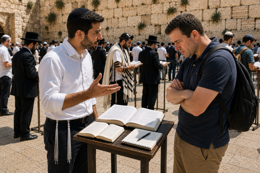 Jewish man and missionary at the kotel, missionary looking dejected because he didn't win his argument