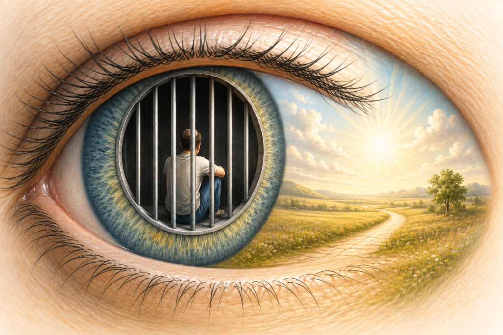 A Jew sitting inside his own eye with prison bars across the eye.