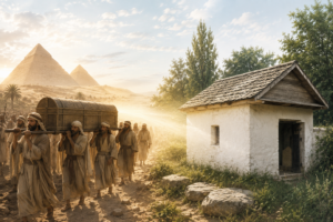 Ancient Israelites carrying the coffin of Yosef next to the building erected over the grave of R' Nachman of Breslev