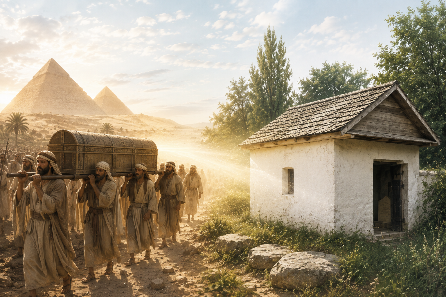 Ancient Israelites carrying the coffin of Yosef next to the building erected over the grave of R' Nachman of Breslev