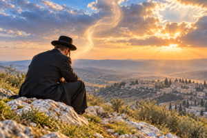 Jewish man sitting alone on the top of hill, in quiet meditation