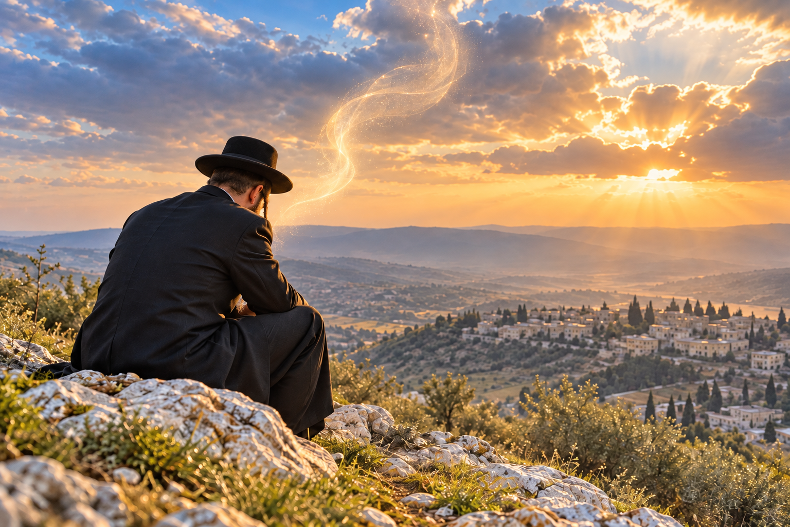 Jewish man sitting alone on the top of hill, in quiet meditation