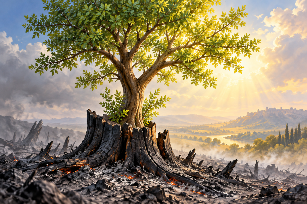 A beautiful luscious tree growing out of a burned stump.